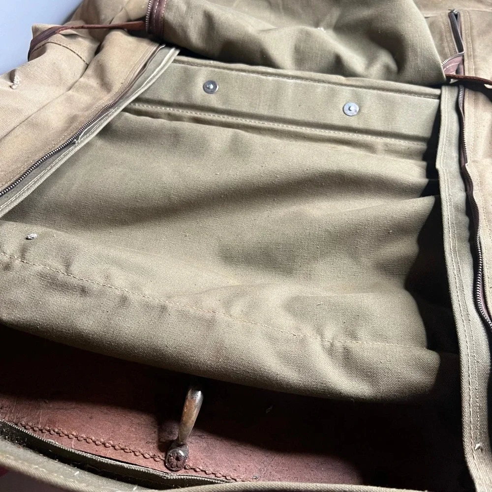 Vintage Military Canvas Garment Bag Khaki Travel Suitcase Leather Distressed